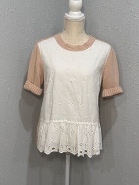 J.Crew Colorblock Peplum Eyelet Sweater Top - Ivory / Beige - Size Medium